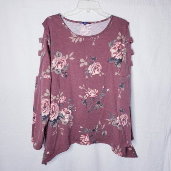 Apt. 9 Mauve Floral Cage Long Sleeve Shark Bite Blouse Top Women's Size XXL - Picture 2 of 11